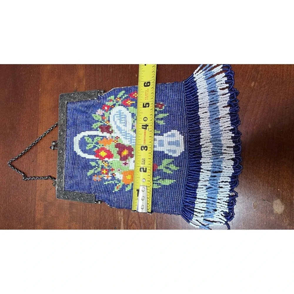 VTG Micro Beaded Floral Basket Evening Bag Blue Women Small Fringe Purse Y2k 80s